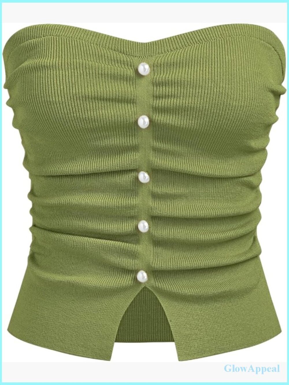 Faux Pearl Tube Top Crop Knit Ruched Split Hem Y2K Summer